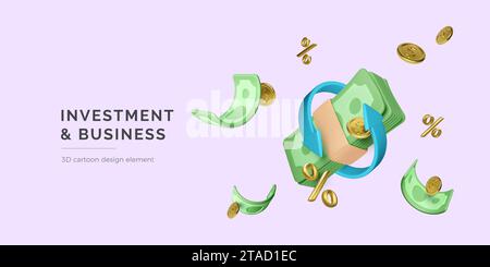 Stock exchange investment and business concept. Paper money bundle with flying green banknotes and gold coins with percentage sign. 3D cartoon design Stock Vector