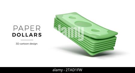 Stack of dollars. Green paper currency. 3D cartoon bundle of money isolated on white background. Vector illustration Stock Vector
