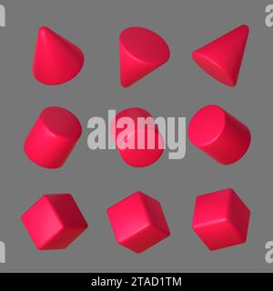 3d of pink geometric shape set. Realistic red geometric cube, cone and cylinder in perspective isolated on grey background. Vector illustration. Stock Vector