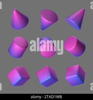 3d of violet-blue geometric shape set. Realistic glossy holographic geometric shapes isolated on grey background. Vector illustration. Stock Vector