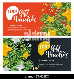 Gift card, voucher, certificate or coupon vector design template. Discount banner layout for Christmas and New Year holidays sale. Realistic illustrat Stock Vector