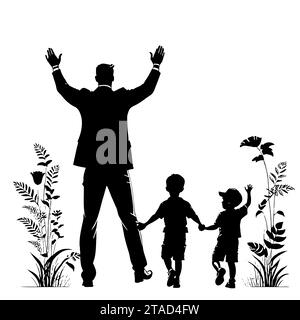 Silhouette drawing father walking hand in hand with his children view from the back. Hand drawn vector isolated on a white background Stock Vector