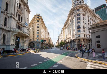 View of the Obelisk in Buenos Aires, Argentina, from the Av. Pres. Roque Saenz Peña street, that leads to the Plaza de Mayo square. Stock Photo