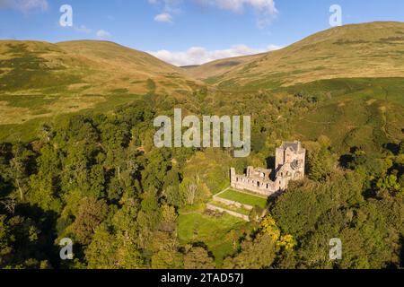 Aerial view of Castle Campbell near Dollar in Clackmannanshire, Scotland. Autumn (September) 2022. Stock Photo