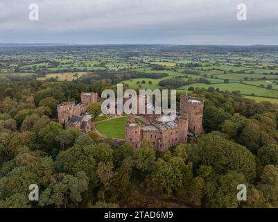 Aerial view of Peckforton Castle near Beeston in Cheshire, England.  Autumn (October) 2023. Stock Photo