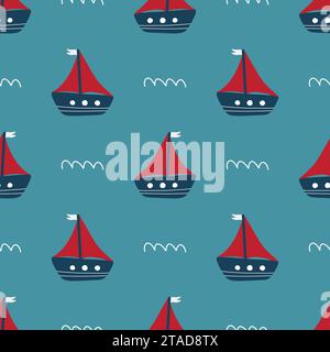 Vector hand-drawn cute seamless repeating childish simple pattern with cute ships  Stock Vector