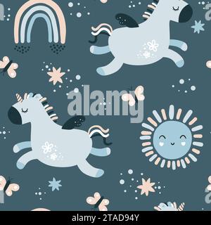 Cute childish seamless repeating childish pattern with cute unicorns  Stock Vector