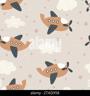 Cute seamless repeating children simple pattern with aircraft and stars  Stock Vector