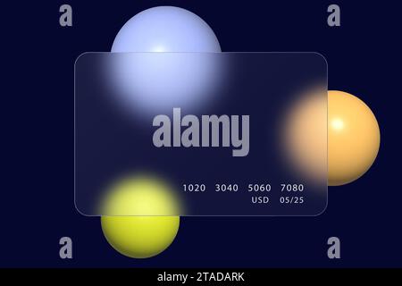 Bank card template in glass morphism style. Horizontal presentation screen with an overlay effect on multi-colored gradient spheres. Stock Vector