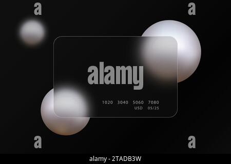 Glass morphism style. Credit card icon. Cashless payment concept. Realistic glass morphism effect with light spheres. Stock Vector
