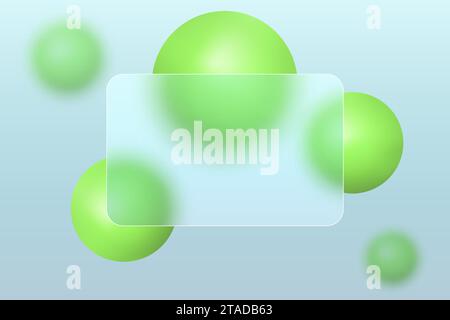 Glass morphism landing page with square frame. Vector illustration with blurry floating spheres. Stock Vector