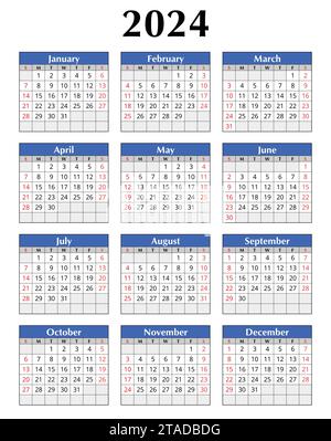 2024 Year Calendar. English, Vertical. Modern Vector Illustration. Plan 