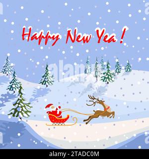 Happy New Year greeting card, santa on a sleigh with reindeer, Not AI, hand drawn Stock Vector