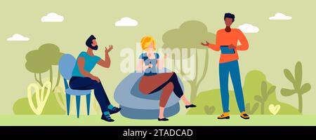 People talk against the backdrop of trees and bushes. Discussion. Friends chatting. Employee dialogues. Informal communication concept. Vector illustration Stock Vector