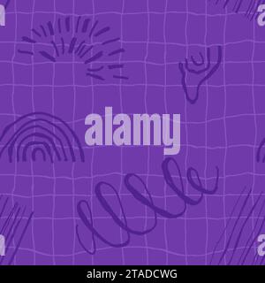 Naive seamless squiggle pattern with purple checkered lines on a dark background. Creative abstract hand drawn style drawing background with texture Stock Vector