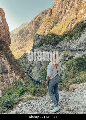 Woman near Canyon of the Moracha river in Montenegro at sunny day Stock Photo