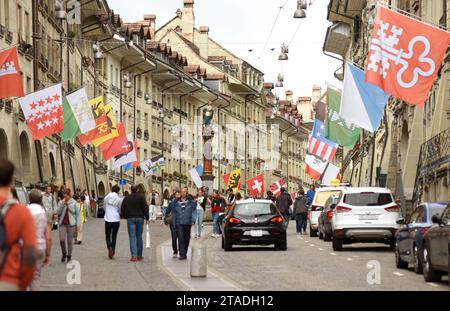 Bern, Switzerland - June 04, 2017: People in old city center of Bern. Shopping street in the old medieval city of Bern, Switzerland.er of Bern, Switze Stock Photo