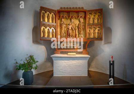 Interior view, winged altar with mercy seat and twelve apostles, St Severin's Church, Keitum, North Sea island of Sylt, North Frisia Stock Photo