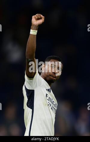 Milan, Italy. 29 November 2023. David Alaba of Real Madrid CF celebrates the victory at the end of the Serie A football match between Real Madrid CF and SSC Napoli. Credit: Nicolò Campo/Alamy Live News Stock Photo