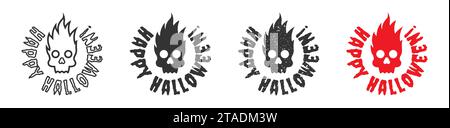 Burning skull icon with "Happy Halloween" lettering. Vector illustration Stock Vector
