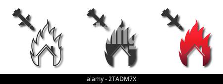 Home in fire and a cruise missile falling on it. Vector illustration Stock Vector