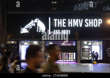 The HMV Shop at 363 Oxford Street, London seen on the evening prior to its reopening on November 24th 2023 after its closure four years previously Stock Photo