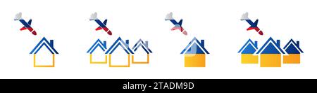 Russian cruise missiles attack Ukrainian city. Cruise missile icon and home icon. Vector illustration Stock Vector
