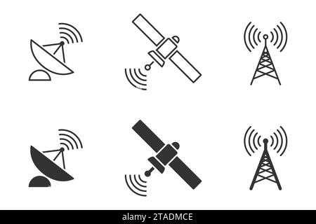Wireless satellite technology set. Antenna, satelite and satellite dish icons. Vector illustration Stock Vector