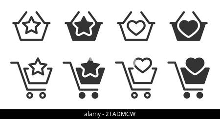 Favorites in basket icon. Shopping basket icon with heart symbol. Trolley with a star. Vector illustration Stock Vector
