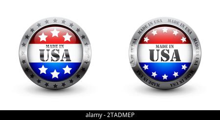 Made in USA glossy button. Certified USA product logo. Silver badge with flag and text. Flat vector illustration Stock Vector