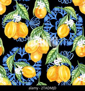 Mediterranean seamless pattern. Blue majolica tiles and yellow lemons endless background. Sicilian traditional print for fabric and wallpaper. Blue az Stock Photo