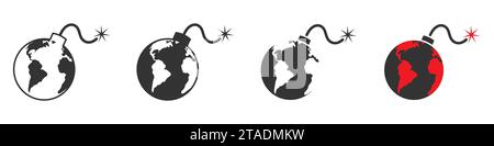 Earth bomb icon set. Earth as a bomb. Apocalypse concept. Vector illustration Stock Vector