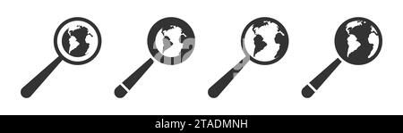 Earth globe and magnifying glass icon. Flat vector illustration Stock Vector