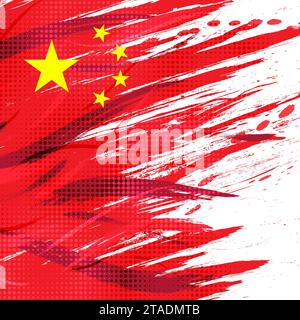 Flag of China with Brush Paint Style and Halftone Effect. China National in Grunge Brush Stroke Concept Isolated on White Background Stock Vector