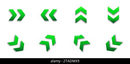 Green arrow icon set with shadows. Flat vector illustration Stock Vector