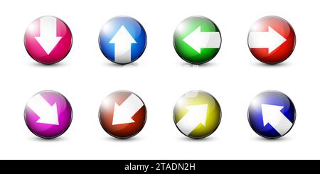 Colorful arrow icon in a circle. Collection of colored arrows with shadows underneath. Flat vector illustration. Stock Vector