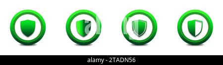 Set of green shield icons with shadows. Green gradient shield. Flat vector illustration Stock Vector