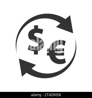 Currency exchange icon. Money conversion symbol. Dollar and euro sign with arrows. Flat vector illustration. Stock Vector