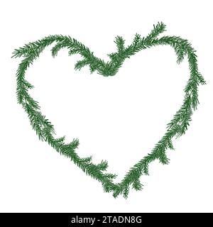 Watercolor heart wreath frame with green pine branches. Sprig of pine hand drawn for wrapping paper, winter holiday decoration, banner, card or invite Stock Vector