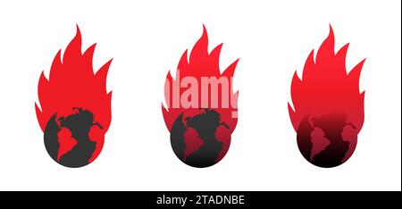 The world is on fire. Fire planet logo. Earth world burning icon. Armageddon concept. Flat vector illustration. Stock Vector