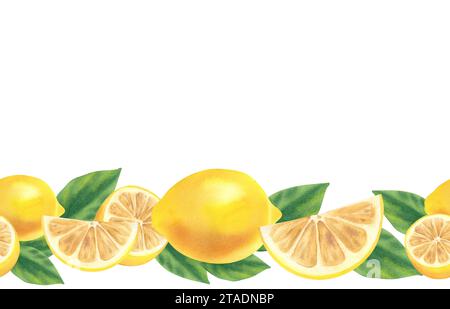 Seamless border of lemons. Watercolor illustration. Citrus fruits. Juicy, ripe, yellow slices. Clipart. Printing, blank Stock Photo