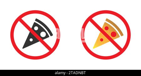 Pizza ban icon. Pizza in red crossed out circle. No food allowed icon. Flat vector illustration. Stock Vector