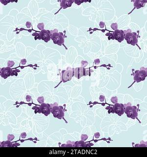 Orchid flower flower branch with buds and flowers seamless pattern for textile. Vector illustration for tropical design, romantic wedding invite, deli Stock Vector