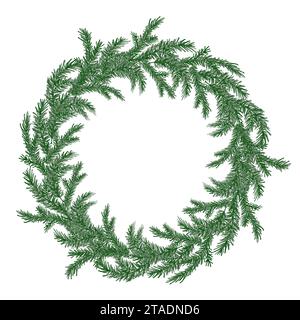 Watercolor circle wreath frame with green pine branches. Sprig of pine hand drawn for wrapping paper, winter holiday decoration, banner, card or invit Stock Vector