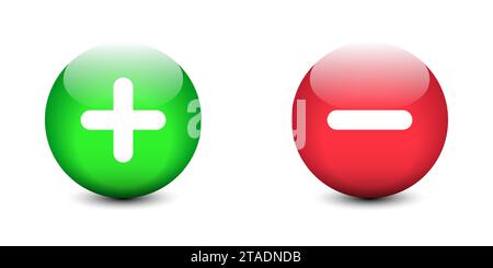 Plus minus in 3d style colorful buttons with shadows underneath. Positive and negative buttons. Flat vector illustration. Stock Vector