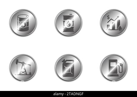 Set of oil industry icons on shiny metallic buttons with shadows underneath. Flat vector illustration. Stock Vector