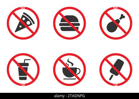 No food allowed symbols. Fast food forbidden icon set. Flat vector illustration. Stock Vector