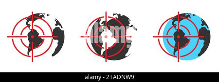 Set of crosshair icon with earth planet. Target on globe. Flat vector illustration. Stock Vector