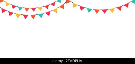 Garland of colored flags horizontal banner. Festive vector background in flat cartoon style on a white background Stock Vector