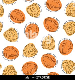 Seamless pattern of line art walnuts on white background. Design for nut chocolate, nut cream and nut products packing. Vector illustration. Stock Vector